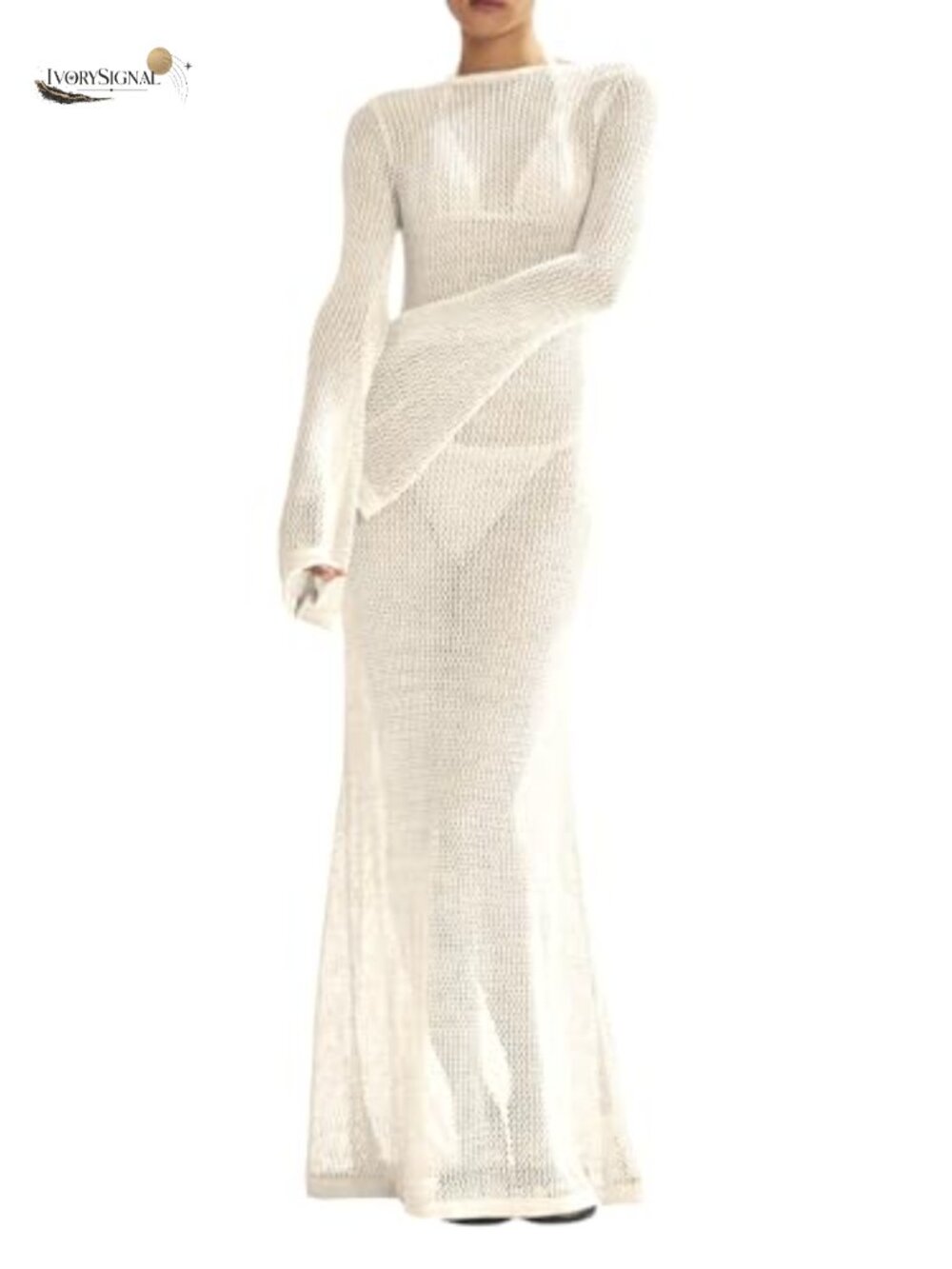 Womens Crochet Cover Up Long Sleeve Backless Knit Swimsuit Coverup Beach Maxi